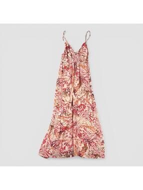 Liberty Love Orange Pink Floral V-neck Chiffon Trapeze Maxi Dress Medium